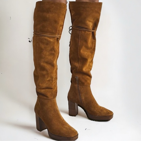 NWT FREE PEOPLE Suede Echo Platform Over The Knee Boots in Cognac - Picture 1 of 15